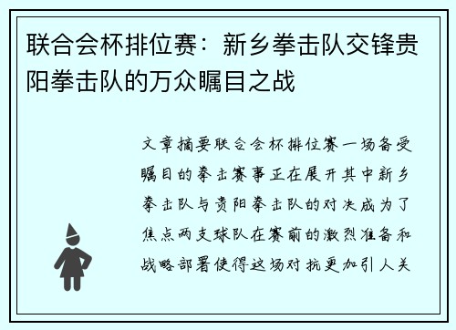联合会杯排位赛：新乡拳击队交锋贵阳拳击队的万众瞩目之战